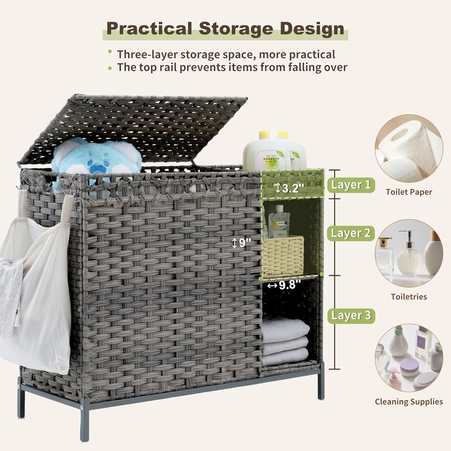 130L Grey Rattan Laundry Hamper 3 Section Basket with Lid & Storage Shelf