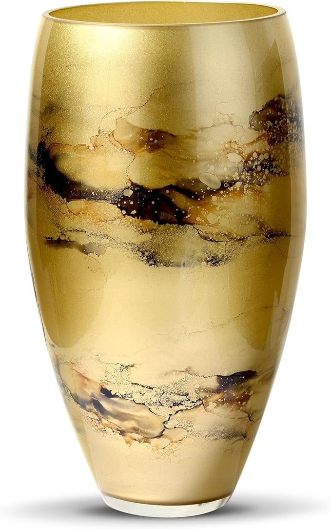 Gold Glass Floor Vase 38cm Tall Hand Blown Marble Effect Luxury Decor