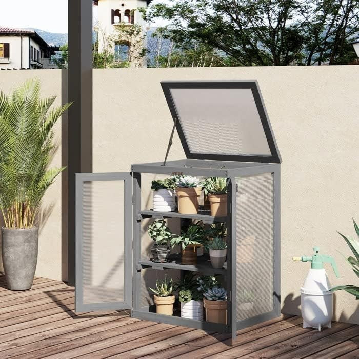 Outdoor Wooden Cold Frame Greenhouse 2 Shelves 4.8Ft x 3.6Ft Weatherproof