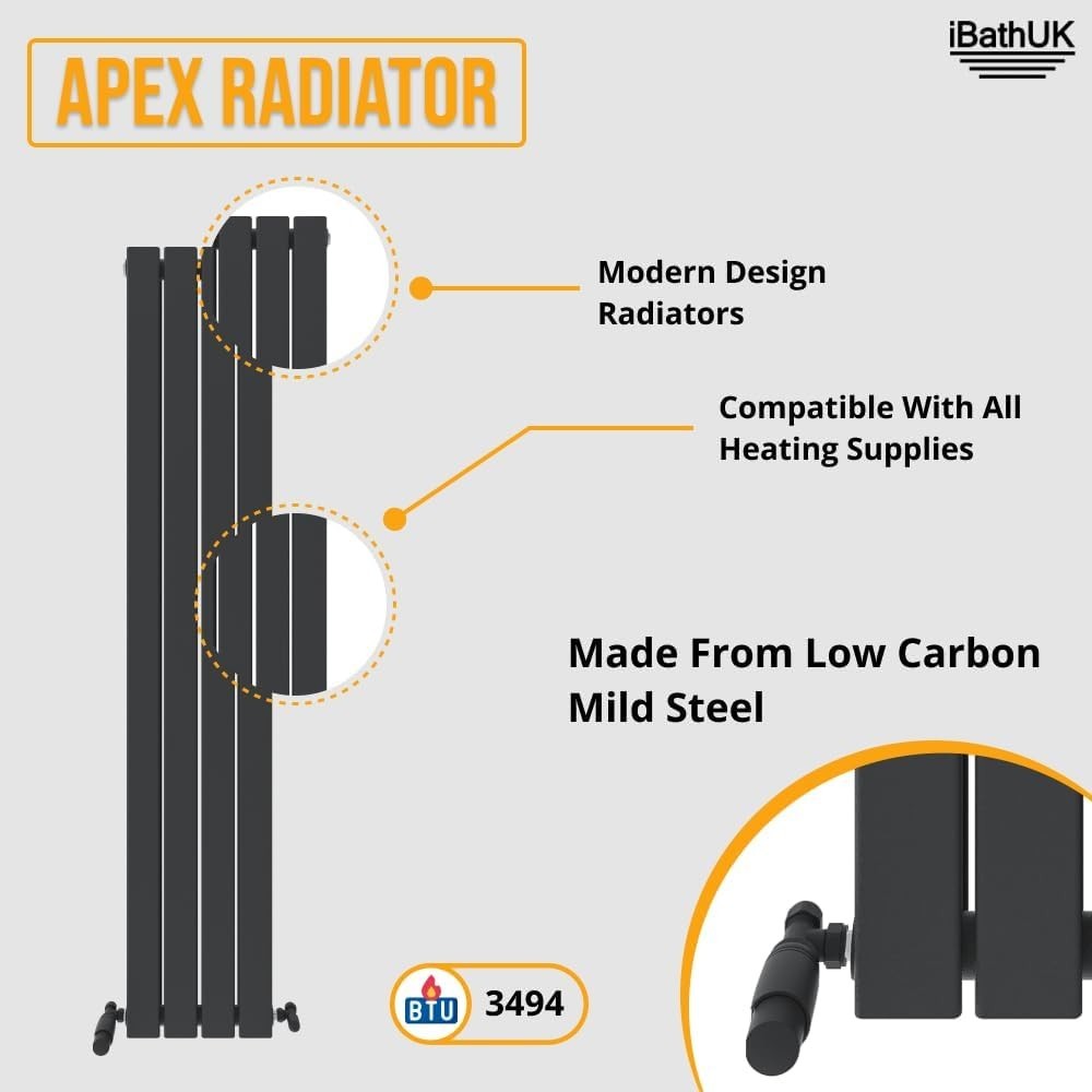 Tall Anthracite Vertical Radiator Slim Double Panel 1600x306mm Bathroom Kitchen