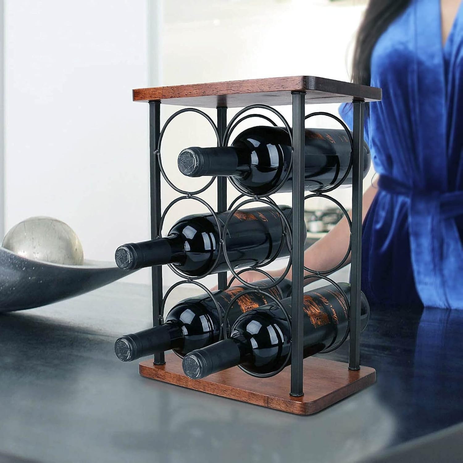 Countertop Wine Rack Holder 6 Bottle Storage Metal & Wood Free Standing Display