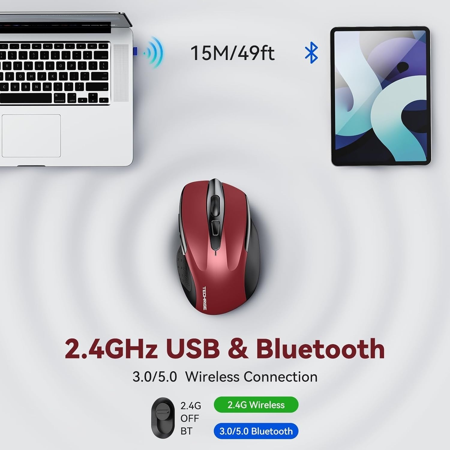 Silent Rechargeable Bluetooth Mouse 4800 DPI Ergonomic Red Wireless Laptop PC