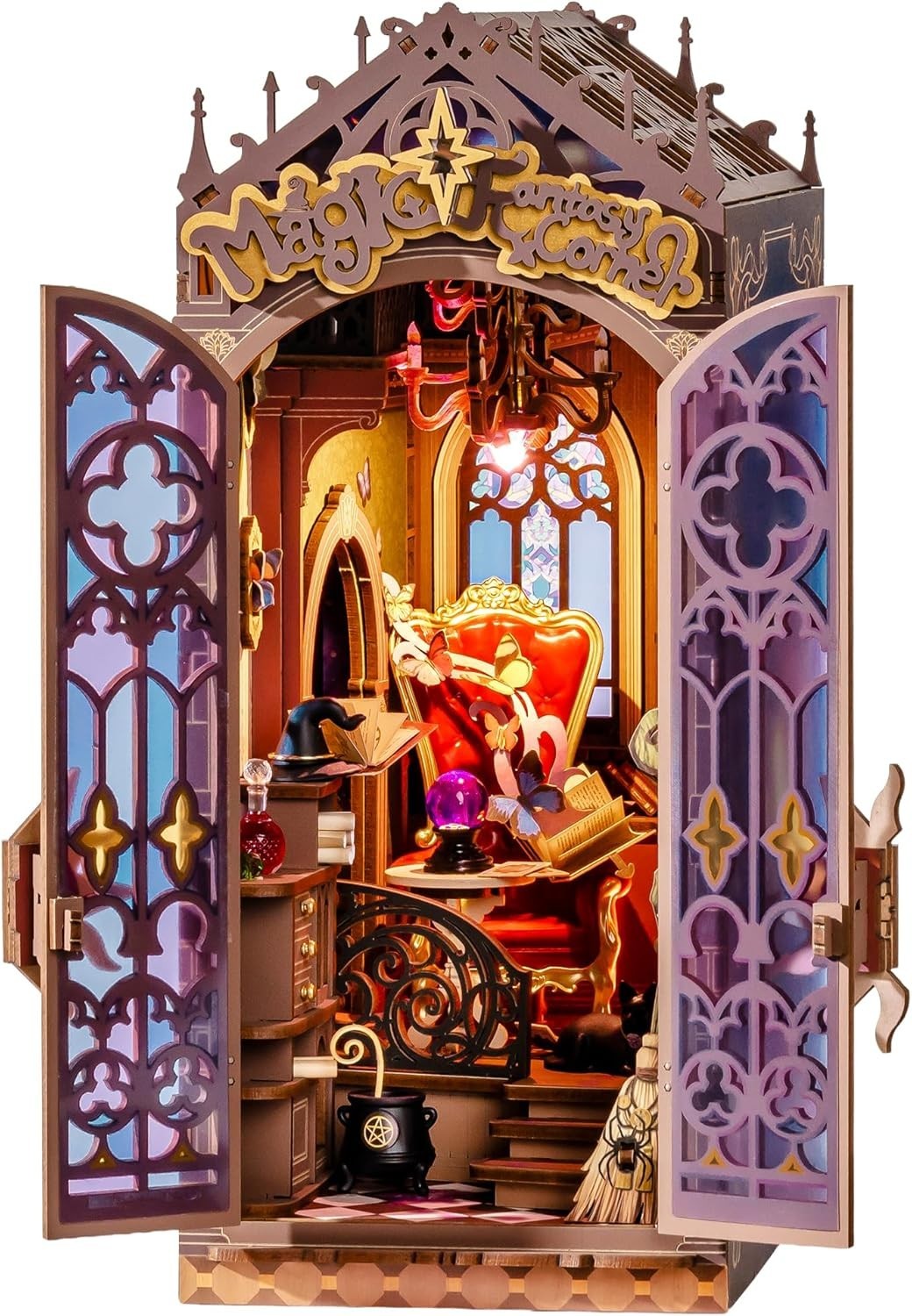 Magic Fantasy Book Nook DIY Miniature House Kit LED Wooden Bookshelf Decor