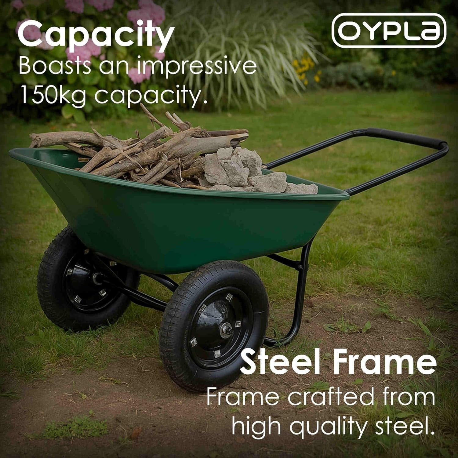 70L 2-Wheel Wheelbarrow Green – Pneumatic Tyres Heavy Duty w/ Steel Frame 150kg