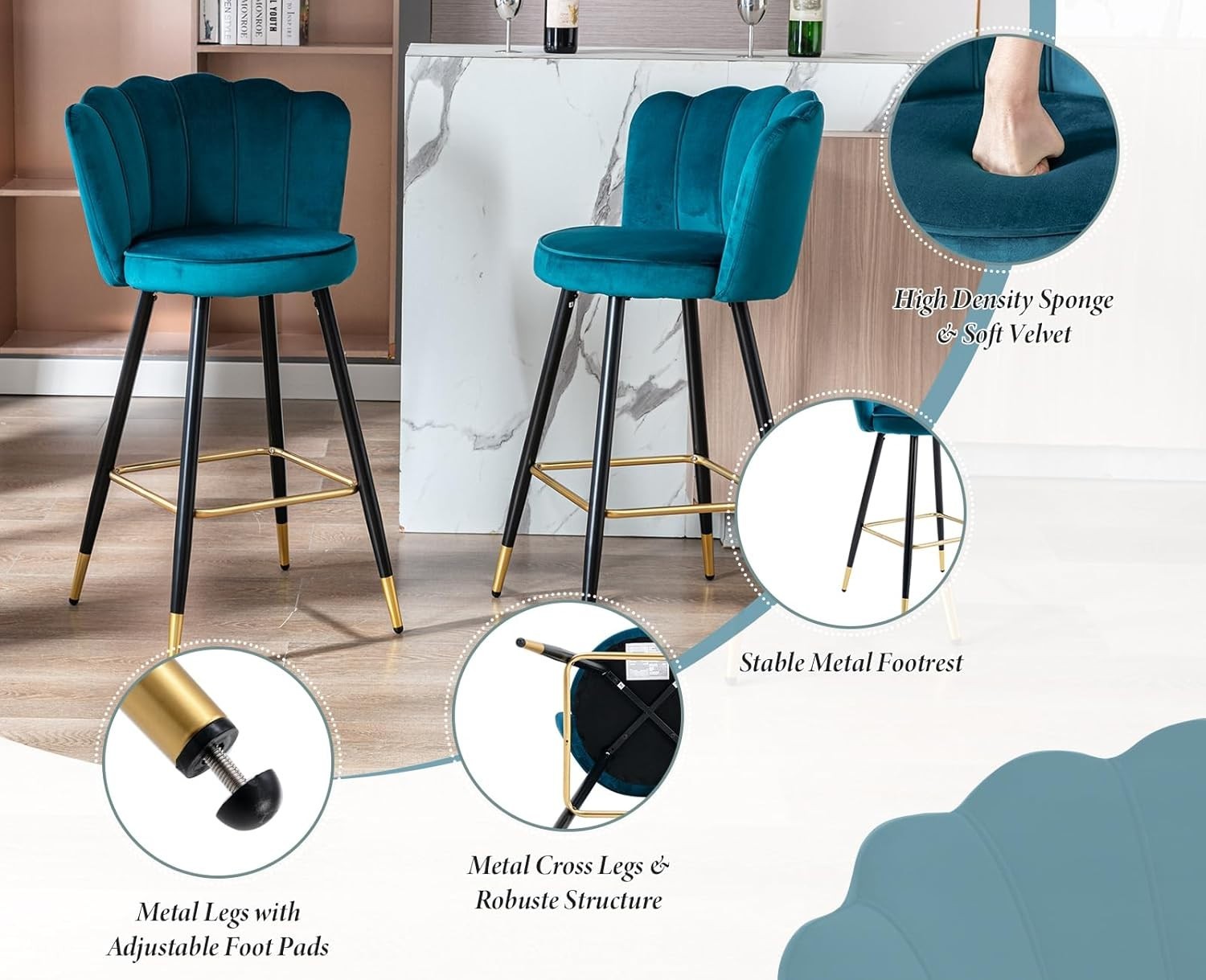 Teal Velvet Bar Stools Set of 2 – Kitchen Counter Chairs