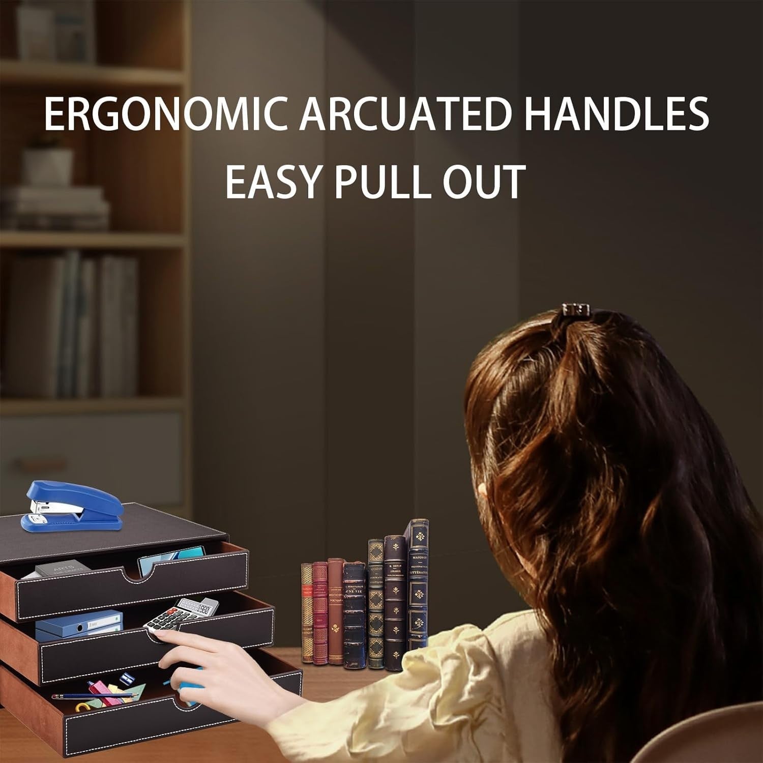 PU Leather 3-Drawer Desk Organizer for Office, Documents, Makeup & More