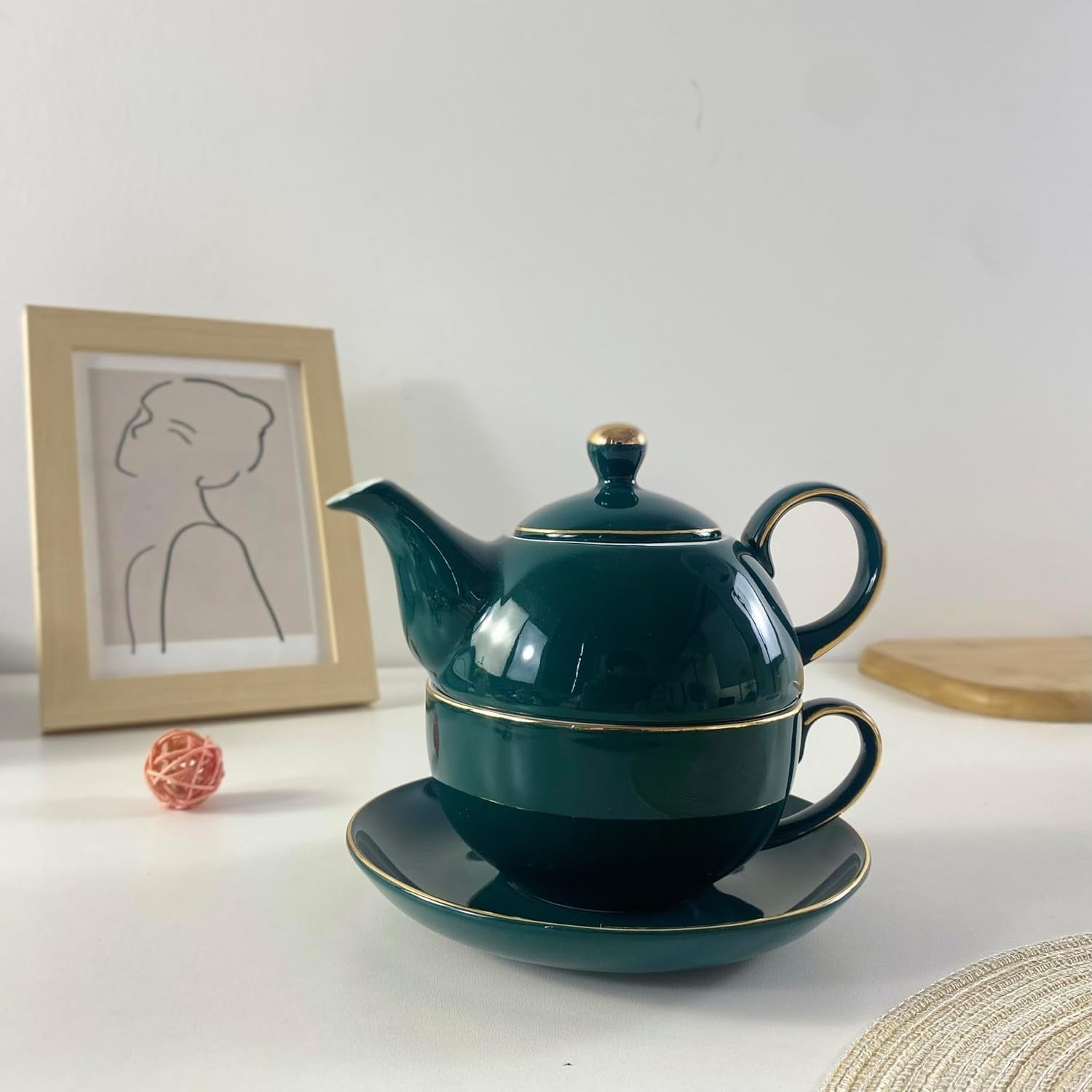 Tea For One Set Peacock Green Teapot Cup Saucer Ceramic Gift 350ml