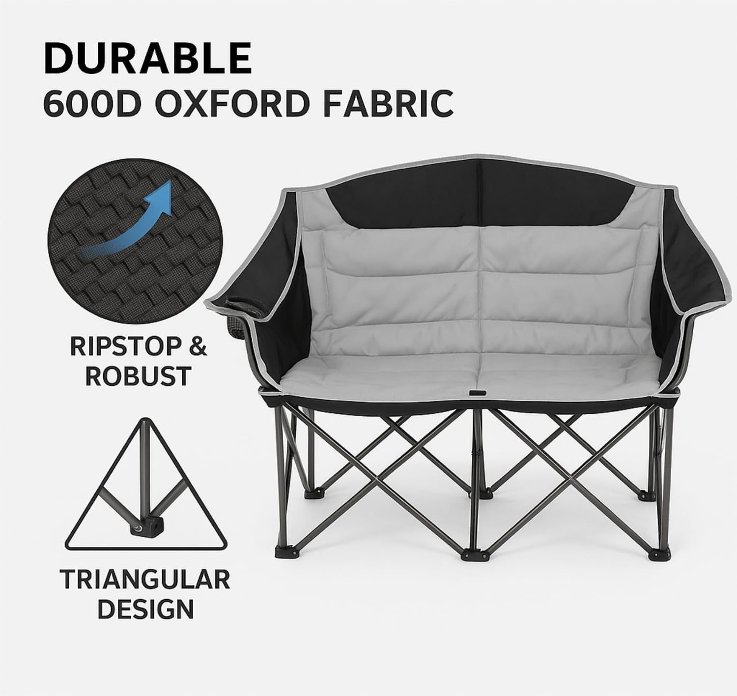 Double Folding Camping Chair | 2 Person Heavy Duty, Cup Holder, Portable