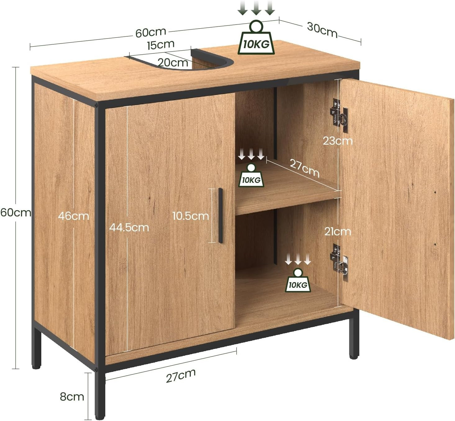 Wood Effect Under Sink Bathroom Cabinet 2 Door Vanity Storage Unit 60x30x60cm