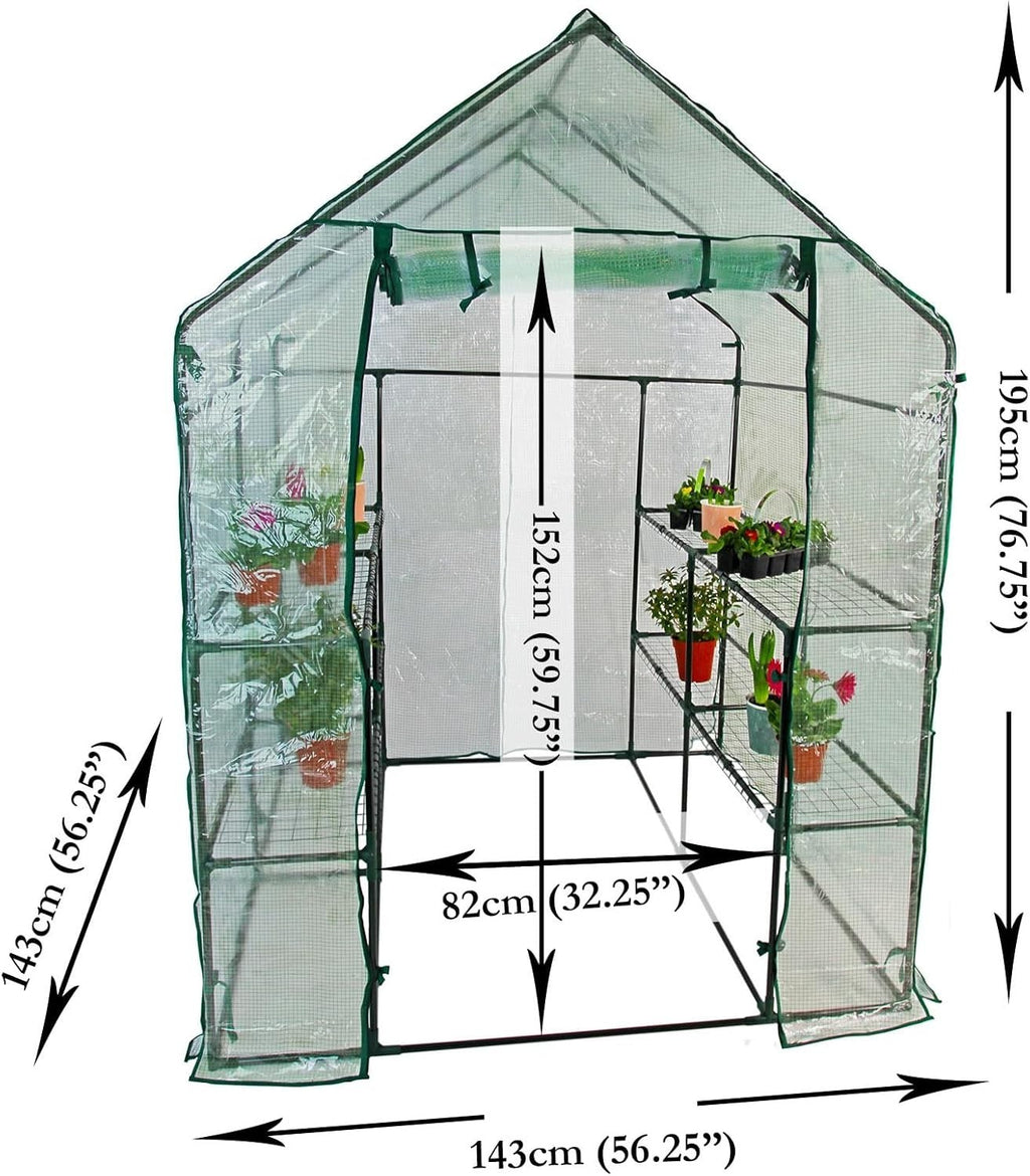 8-Shelf Walk-In Greenhouse with Waterproof PE Cover & Metal Frame 143x143x195cm