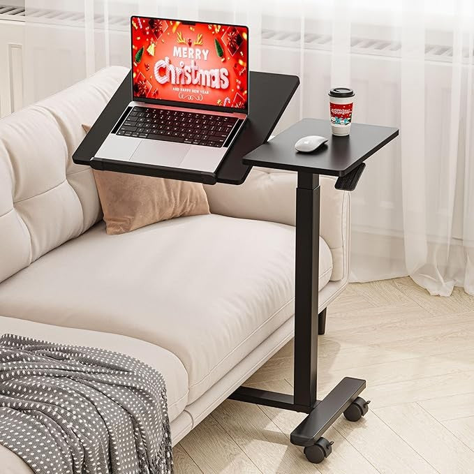Overbed Laptop Table Tilt Top C Shaped Height Adjustable on Wheels 70x40cm