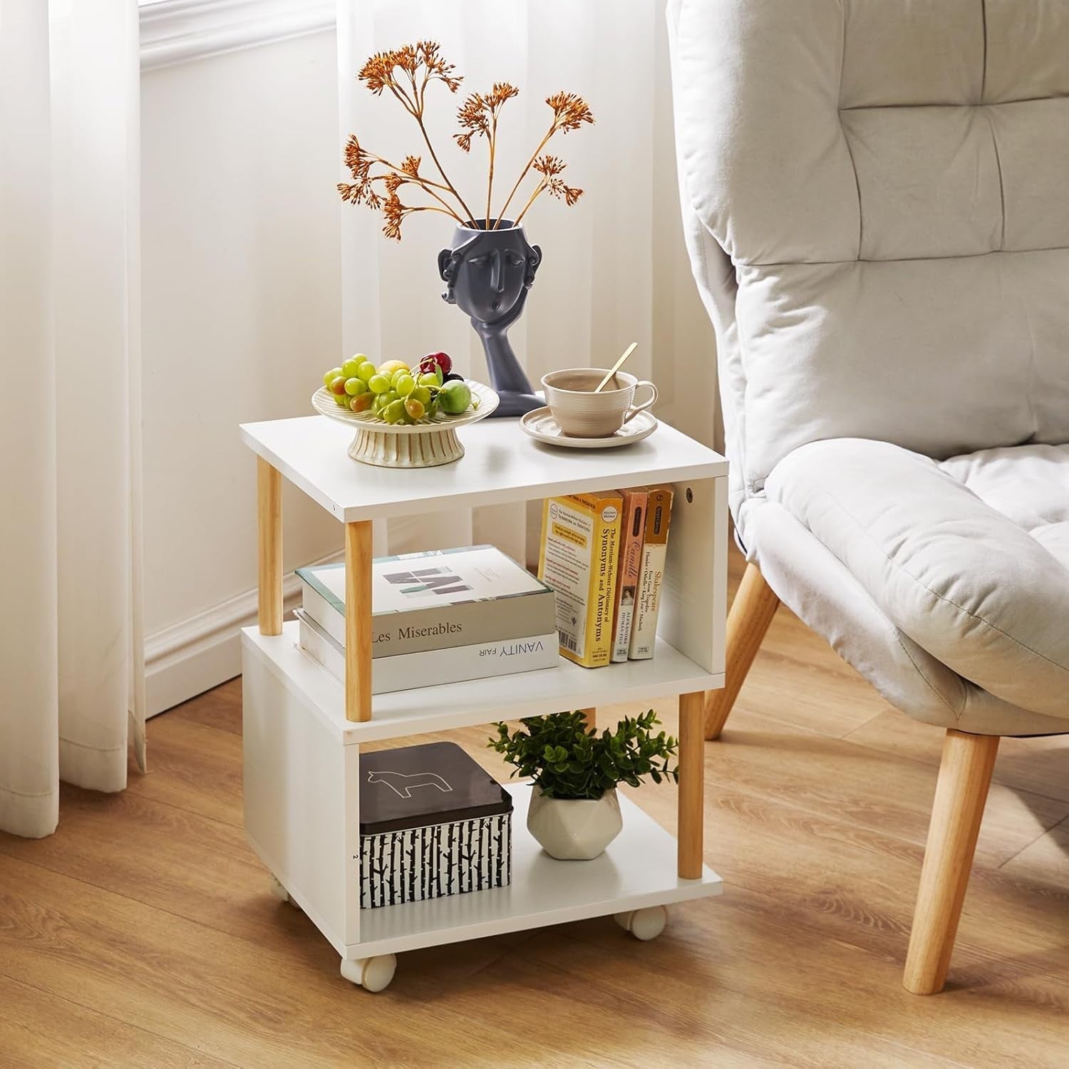 White S-Shaped Side Table with Wheels, 3-Tier Storage & Locking Casters
