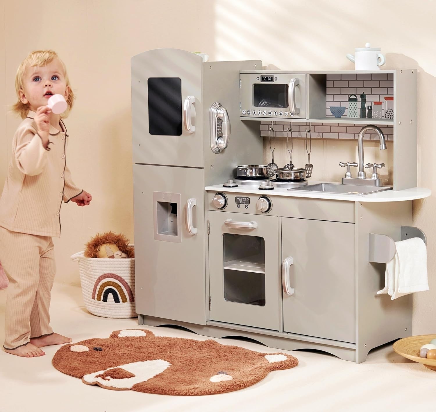 Large Wooden Kids Play Kitchen w/ Microwave Oven Sink Utensils