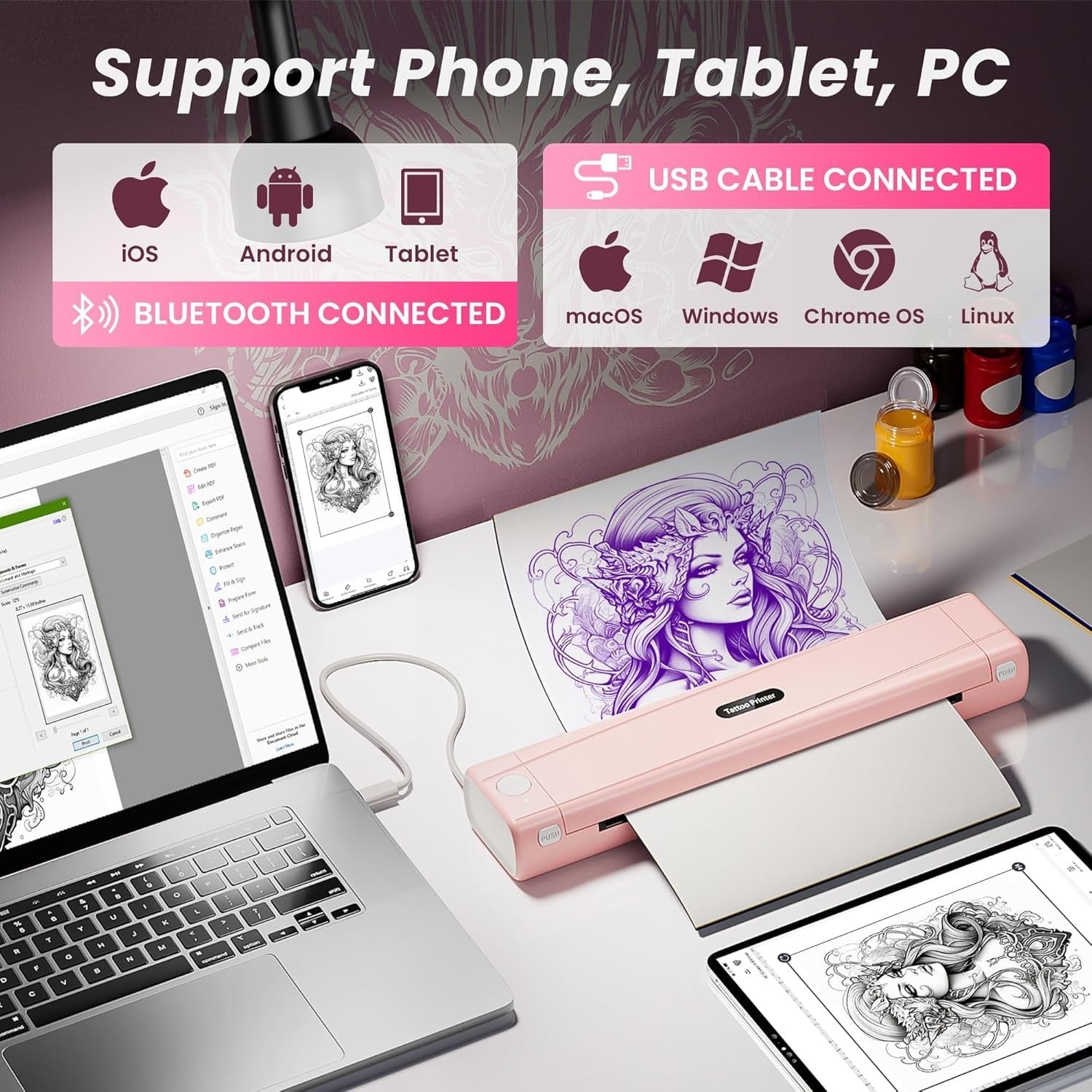 Pink Tattoo Stencil Printer Wireless Thermal Tattoo Machine for Artists