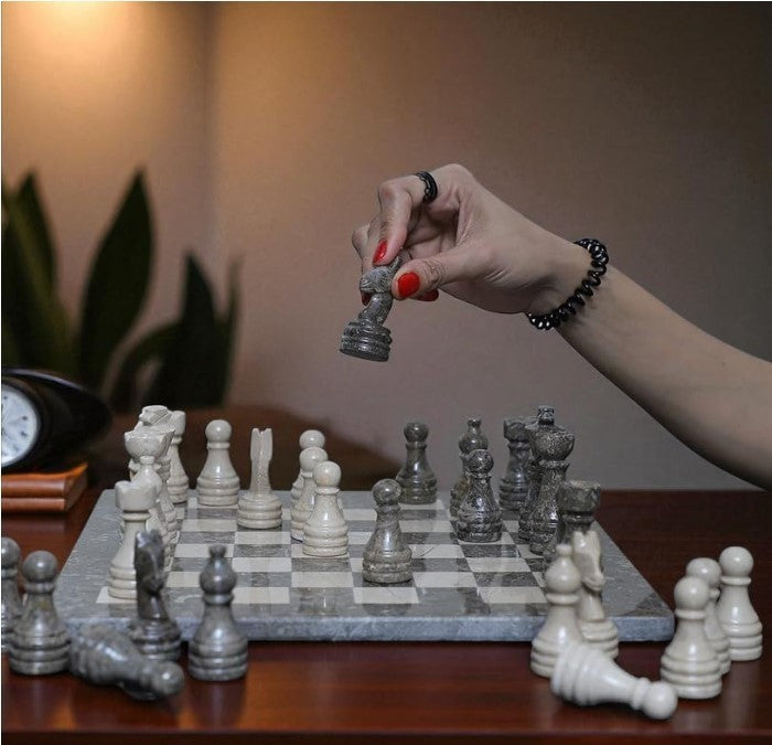 Luxury Marble Chess Set 10x10” Oceanic Grey Stone Board + Handcrafted Pieces