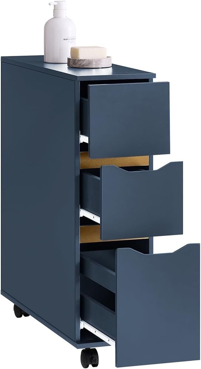 Slim 3-Drawer Bathroom Storage Cabinet with Side Compartment & Wheels