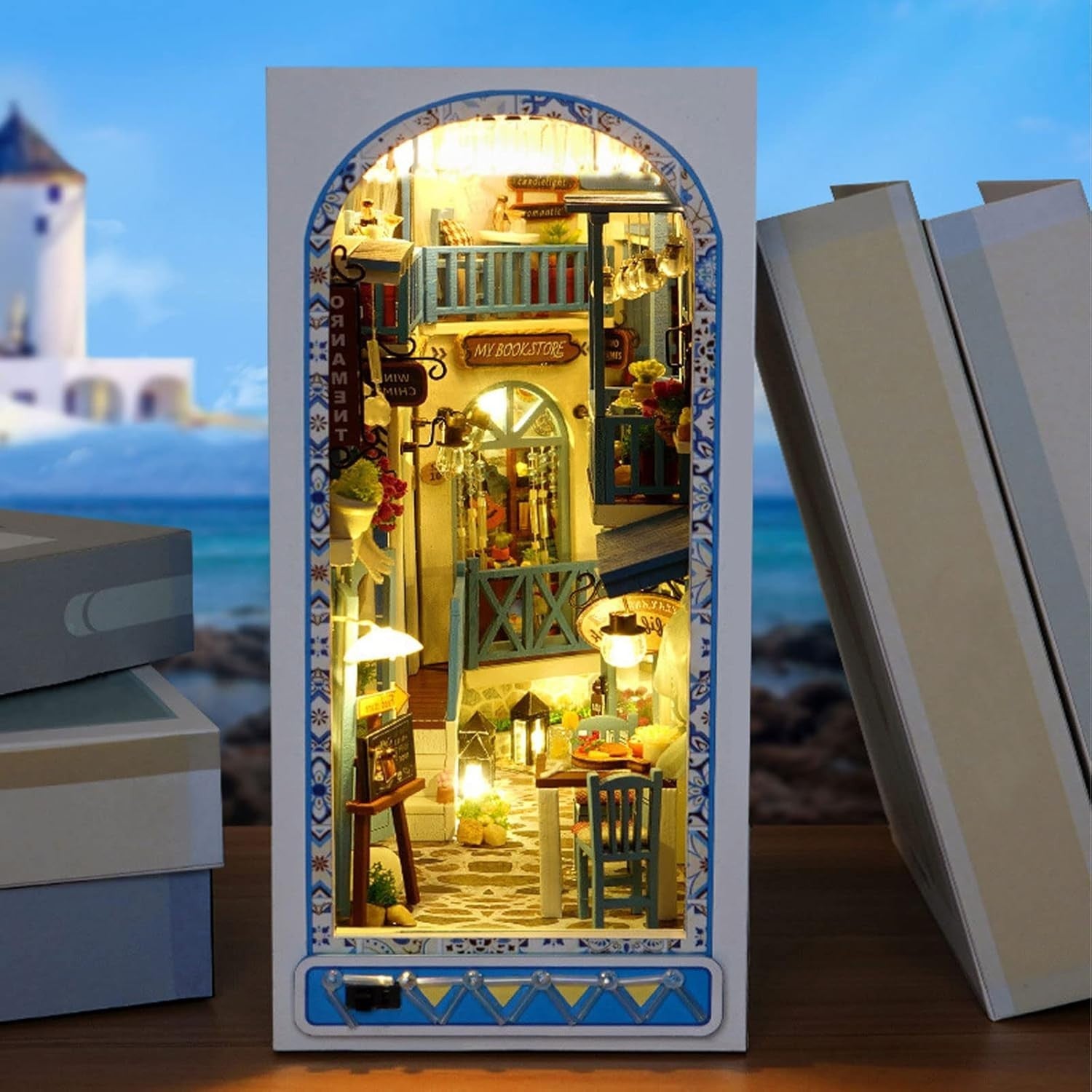 DIY Wooden Book Nook Kit with Warm Light – Miniature Bookshelf Insert