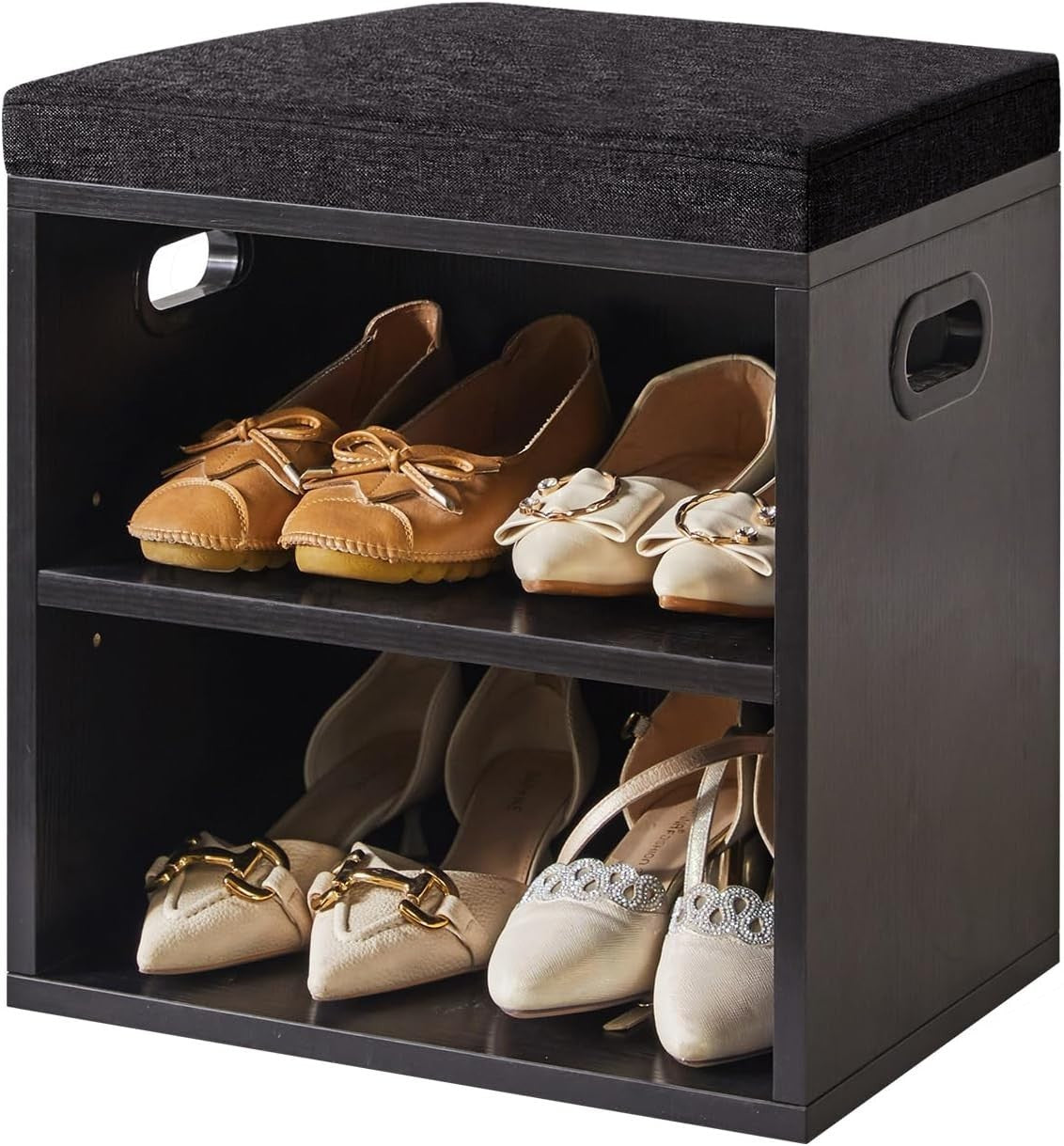 Black 2 Tier Shoe Bench with Cushion Adjustable Storage Rack for Entryway