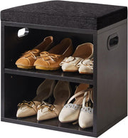 Black 2 Tier Shoe Bench with Cushion Adjustable Storage Rack for Entryway