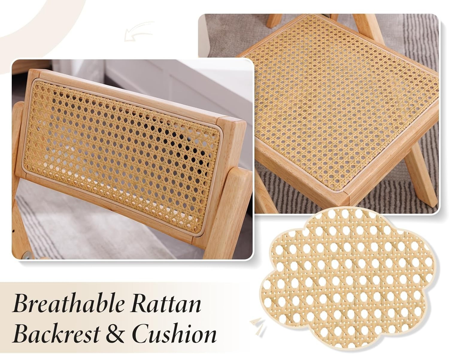 Folding Rattan Dining Chairs Set of 2 Wooden Frame Space Saving Kitchen