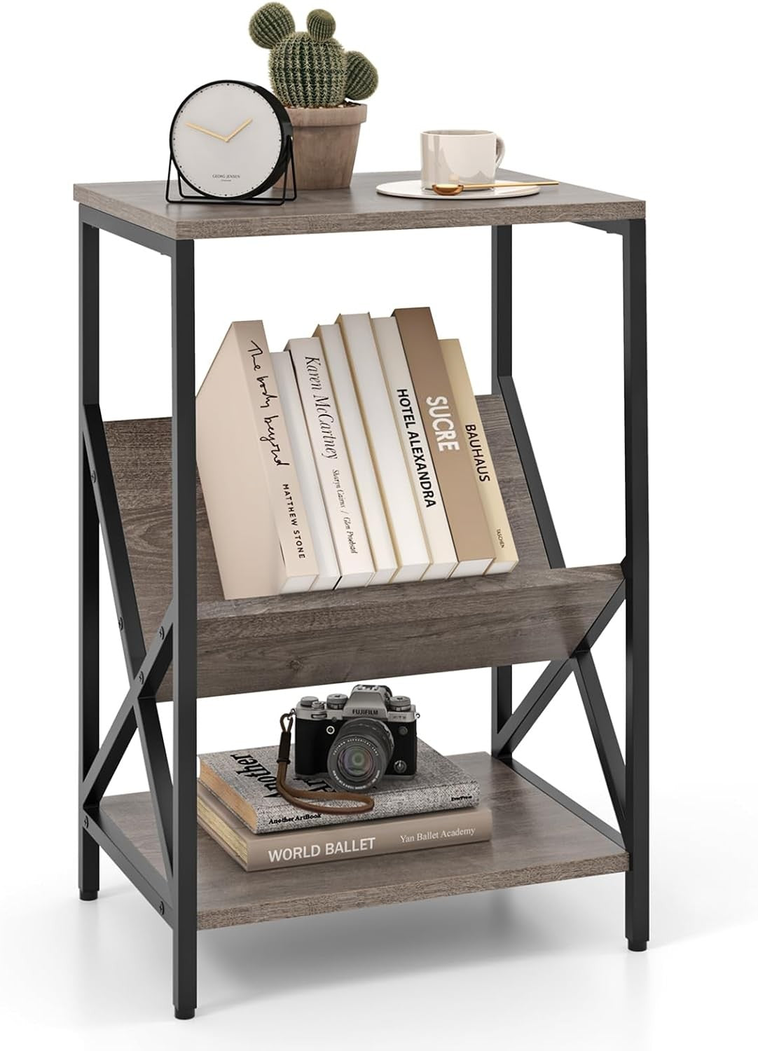 Industrial Record Player Side Table with Storage Shelf, Metal Frame, 2-Tier End