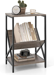 Industrial Record Player Side Table with Storage Shelf, Metal Frame, 2-Tier End