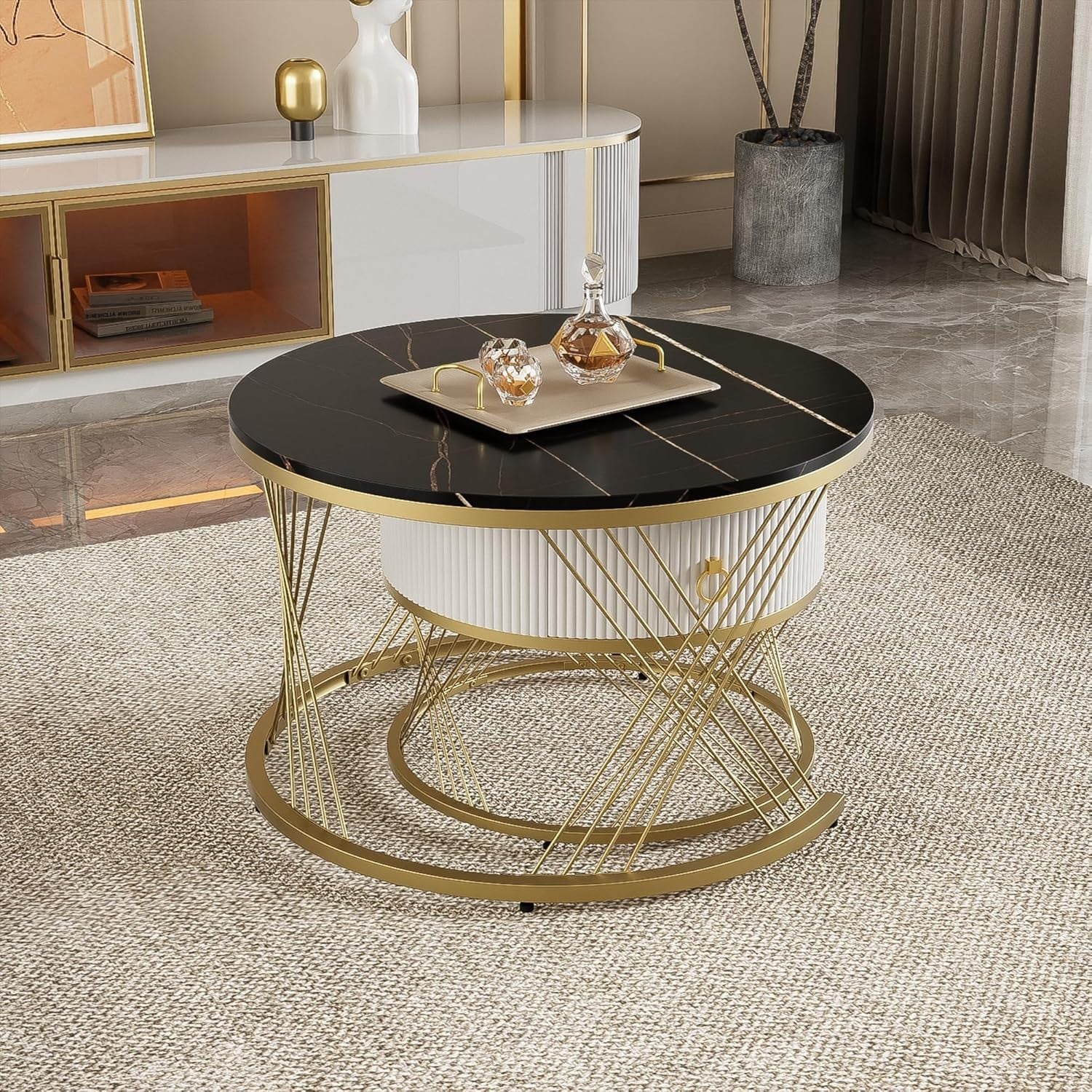 Nesting Coffee Tables Set of 2, Marble Look Top, Storage Drawer, Gold Metal Fram