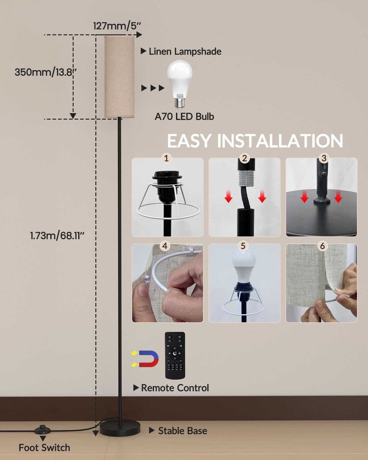 LED Floor Lamp Remote Control Dimmable Standing Light 3000–6000K 64 Inch