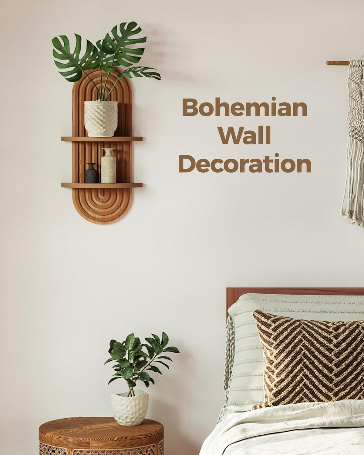 Boho 2-Tier Arched Wall Shelf 16.9" Wooden Floating Plant Decor
