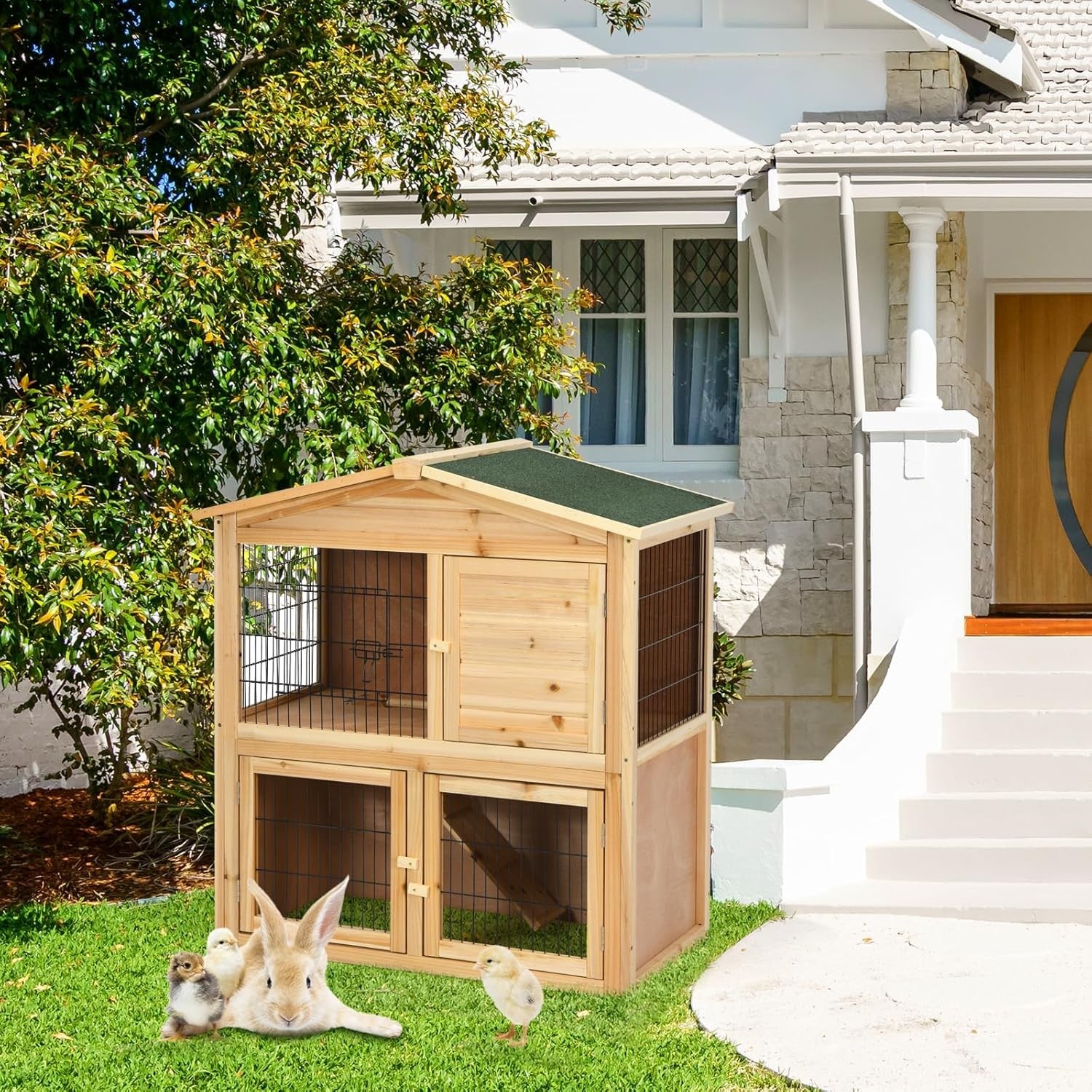 Wooden Rabbit Hutch 2 Storey Indoor Outdoor Pet Cage Ramp Doors