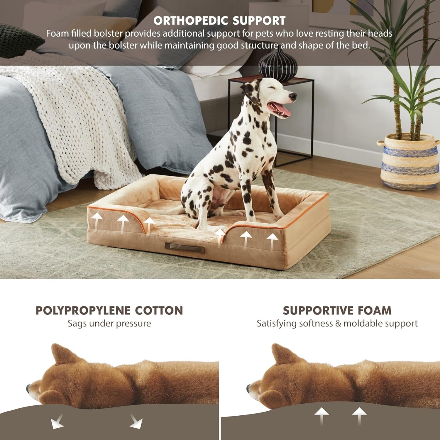 Large Orthopedic Memory Foam Dog Bed Washable Sofa U-Shape Bolster Khaki