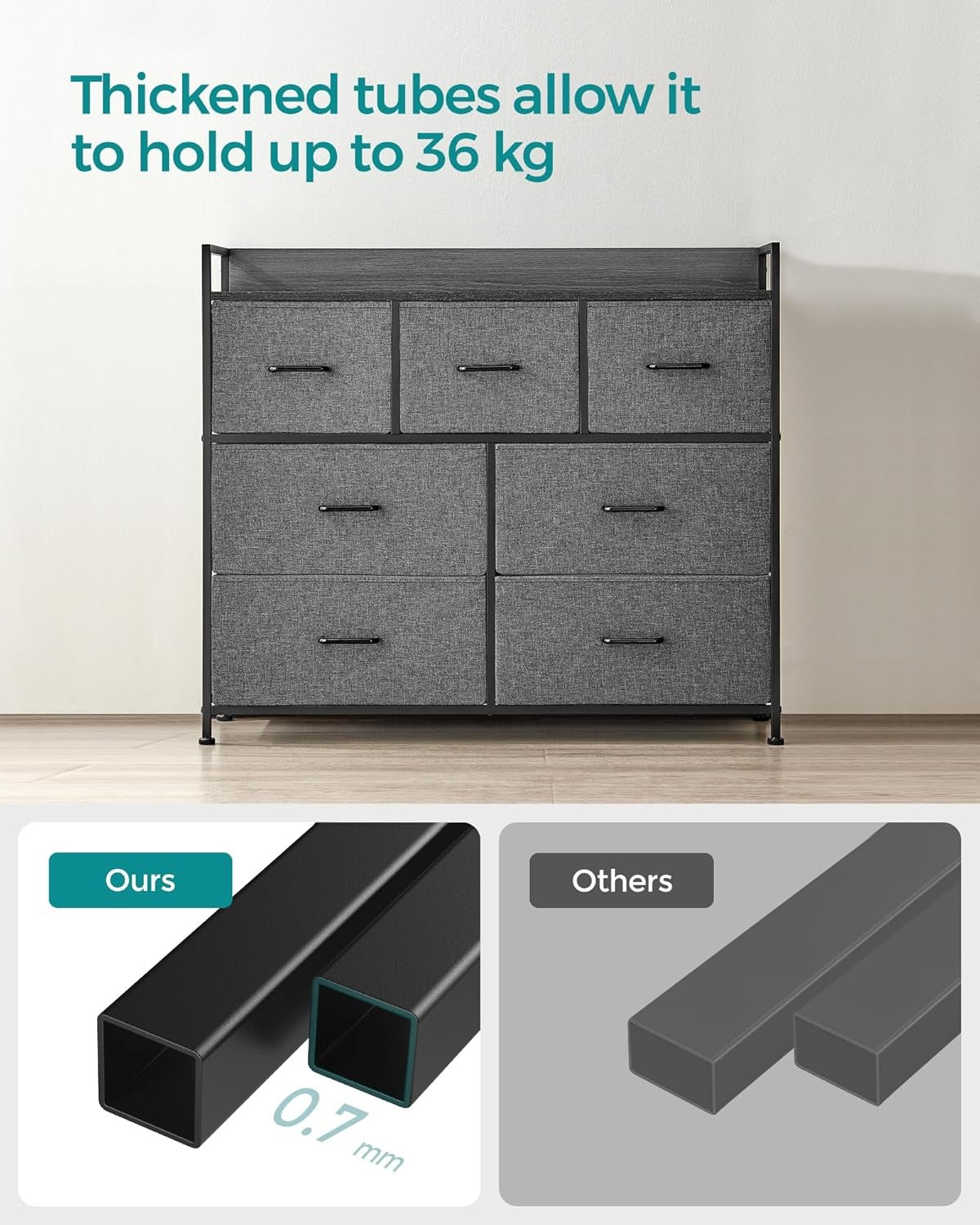 7 Drawer Chest Slate Grey Fabric Storage Cabinet Modern Bedroom Dresser