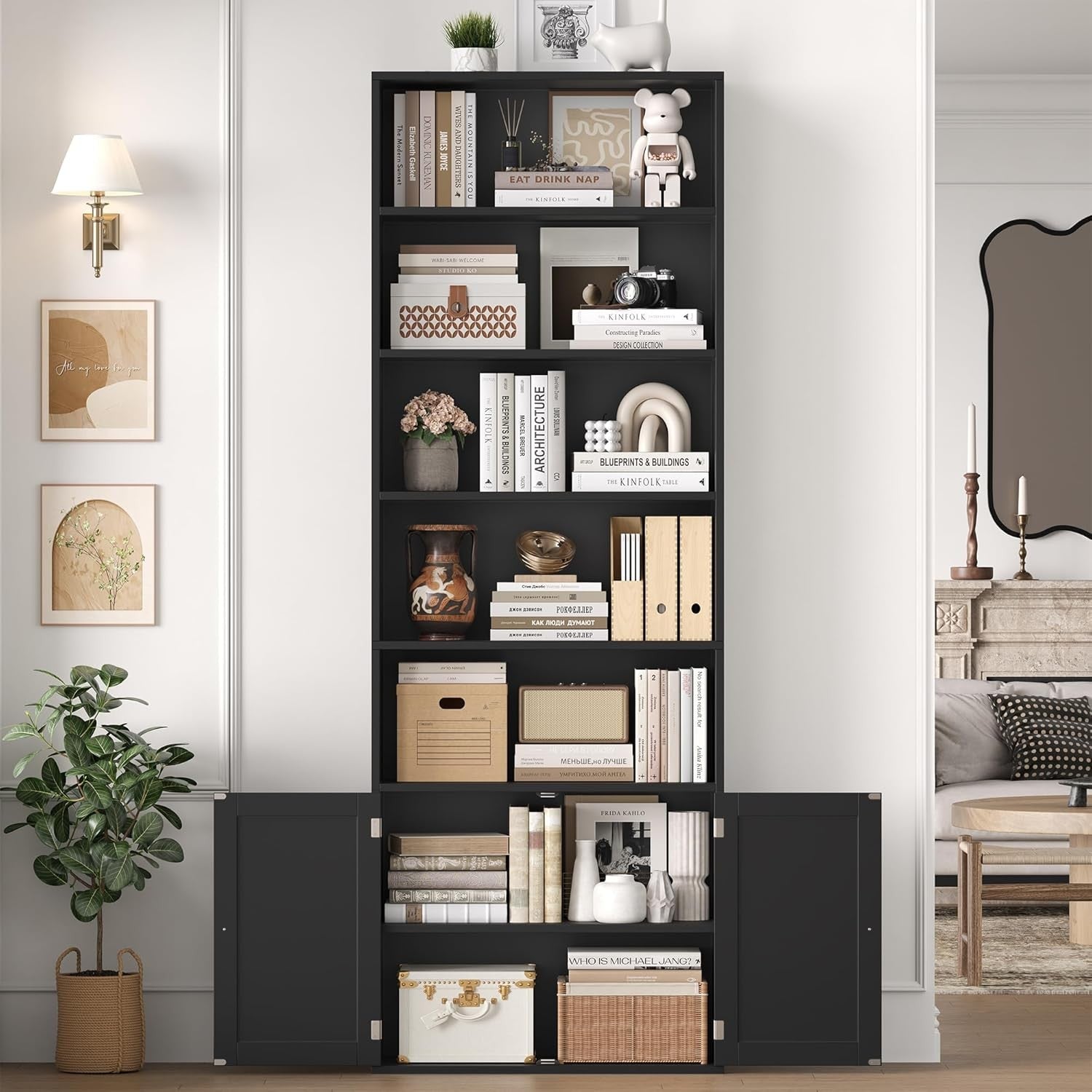 Tall 7-Tier Bookcase with Doors Modern Storage Cabinet Adjustable Shelves Black