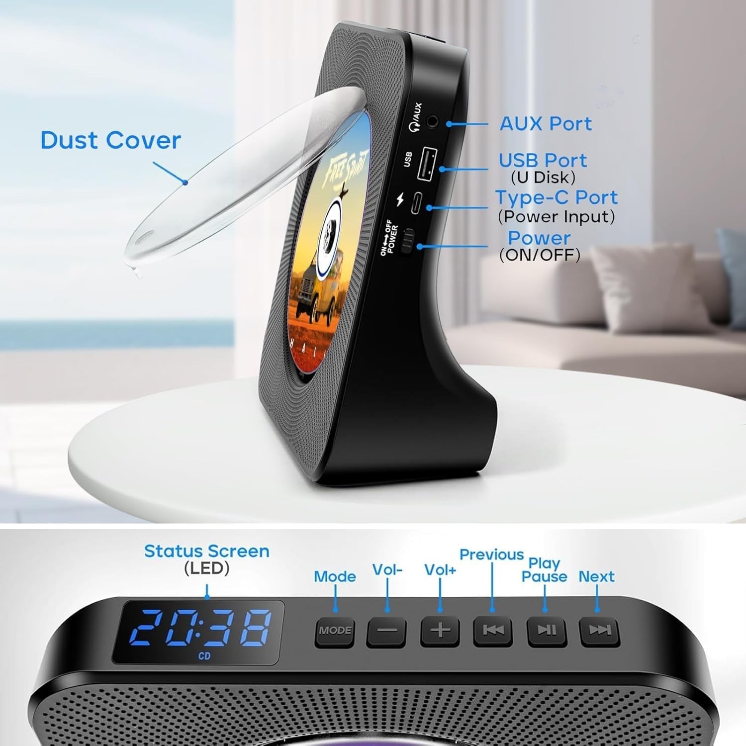 Portable Bluetooth CD Player FM Radio USB AUX Rechargeable 4000mAh