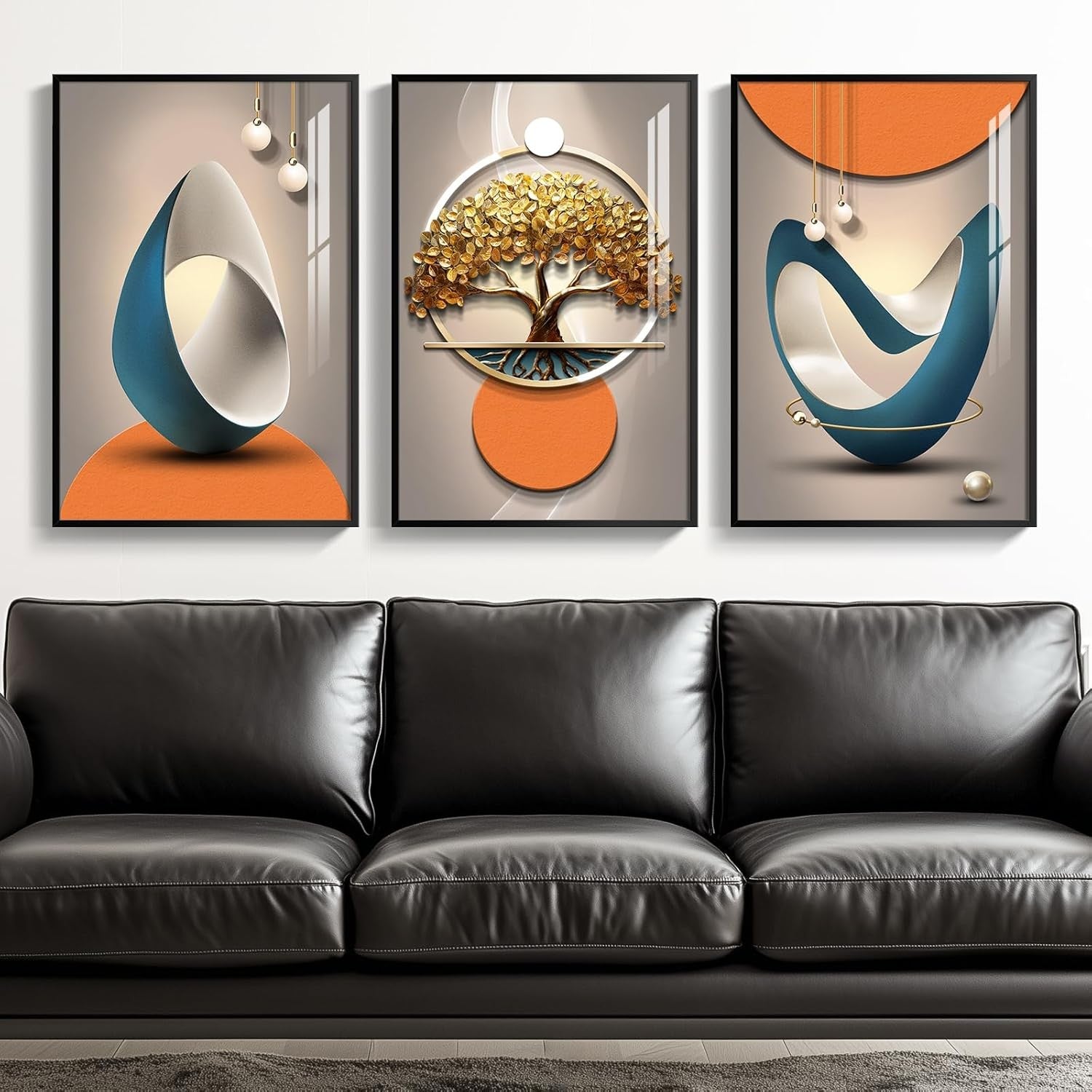 Framed Abstract Wall Art Set of 3 Modern Orange Grey Prints