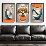 Framed Abstract Wall Art Set of 3 Modern Orange Grey Prints