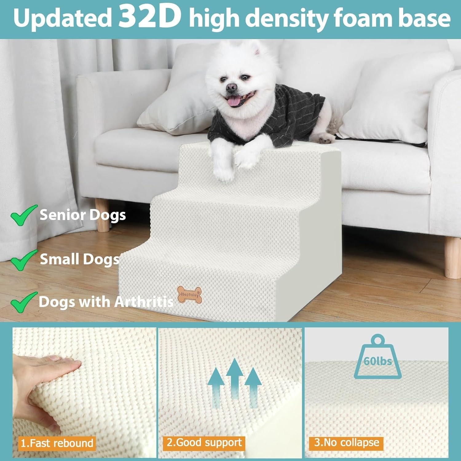 3-Step Dog Stairs Non-Slip Pet Ramp for Small Dogs Cats Beige