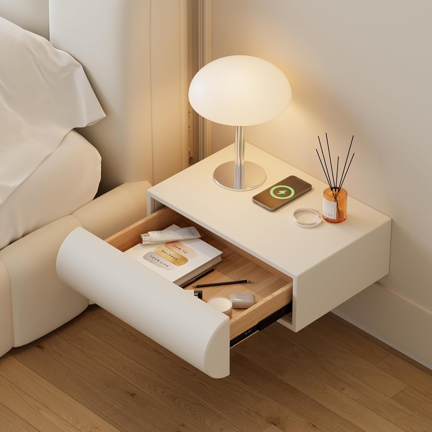 Modern Floating Bedside Table with Wireless Charger USB Type-C & 2 Drawers