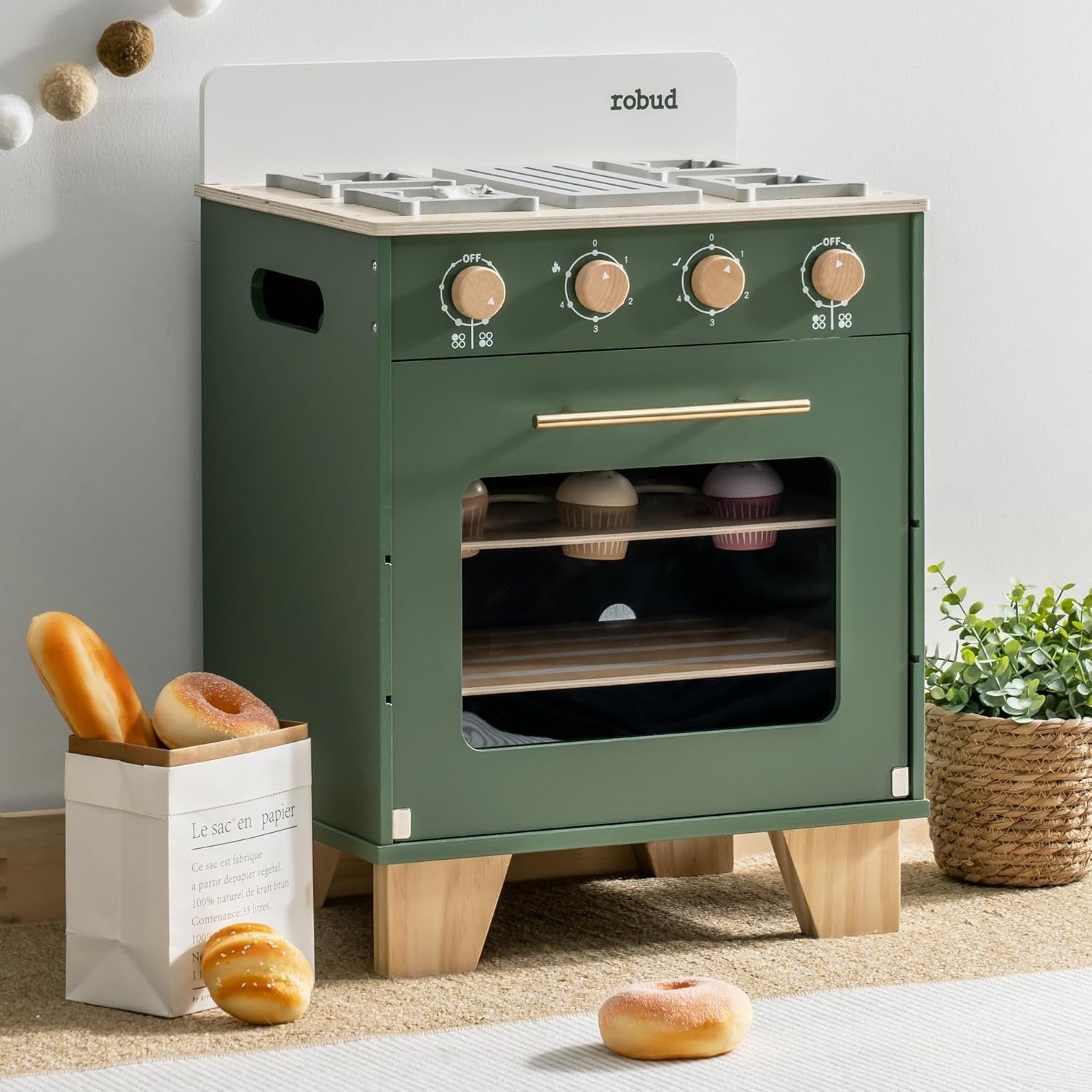 Wooden Kids Toy Oven Retro Play Kitchen Baking Set Green Toy
