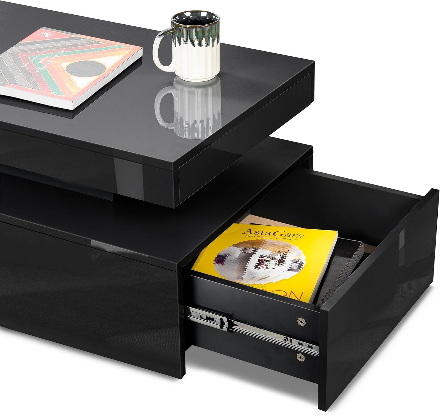 Black Gloss LED Coffee Table with Storage Drawers & Remote Lights | 94cm