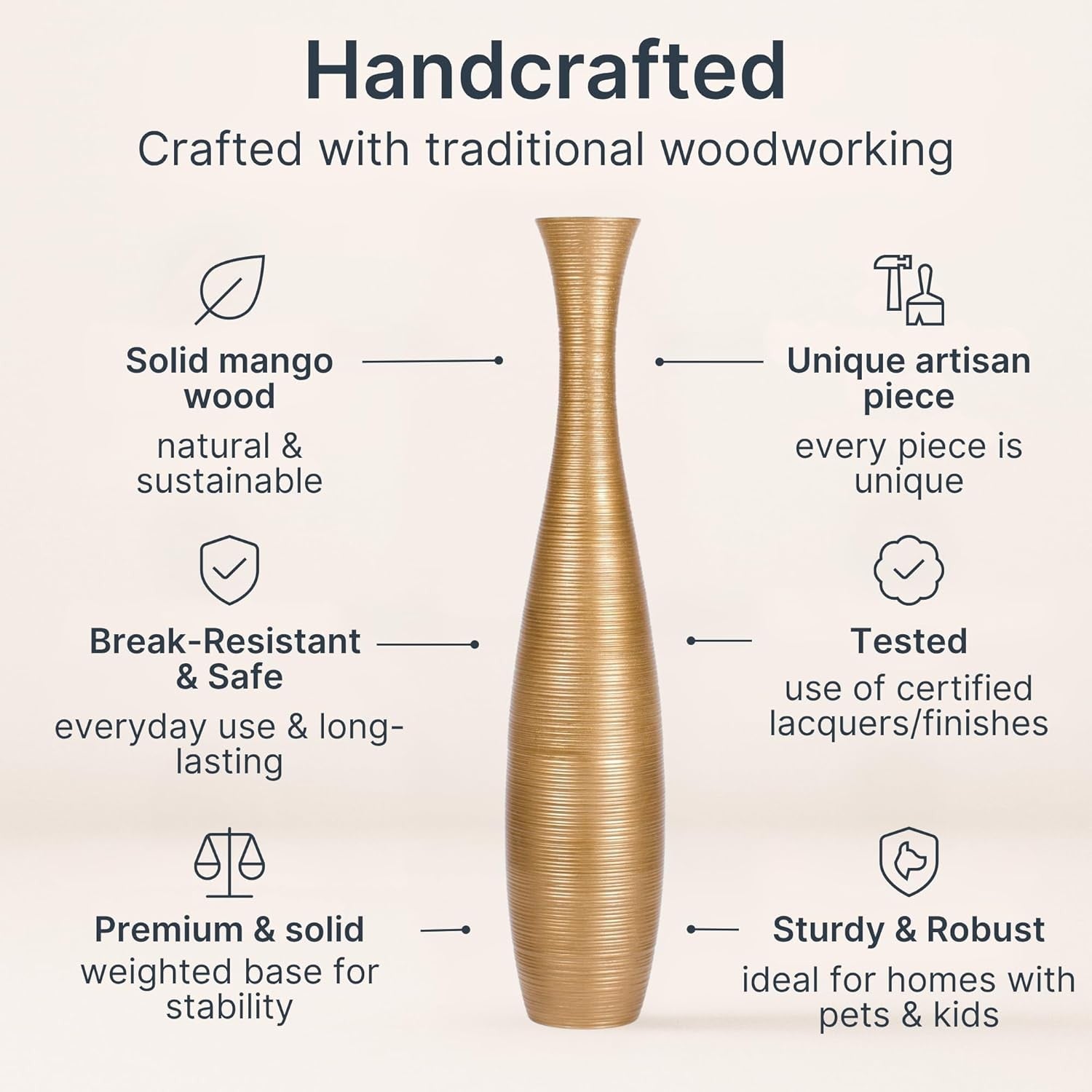 Gold Floor Vase 65cm Tall Wooden Decor for Pampas Grass
