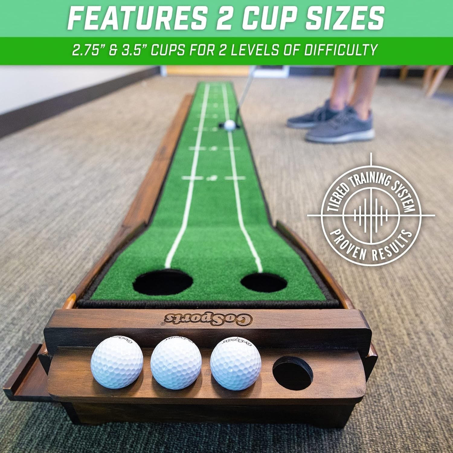 9ft Golf Putting Green Mat Indoor Practice Trainer Dual Hole Ramp Set