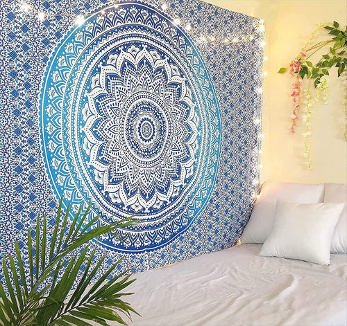 Blue Ombre Cotton Tapestry 137x213cm Boho Wall Hanging Decor