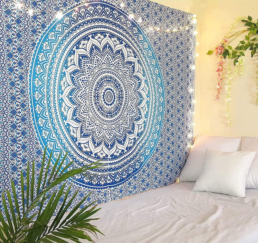 Blue Ombre Cotton Tapestry 137x213cm Boho Wall Hanging Decor