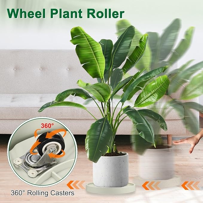 2 Pack 14 Inch Round Plant Caddy with Wheels Rolling Tray Stand Beige Indoor