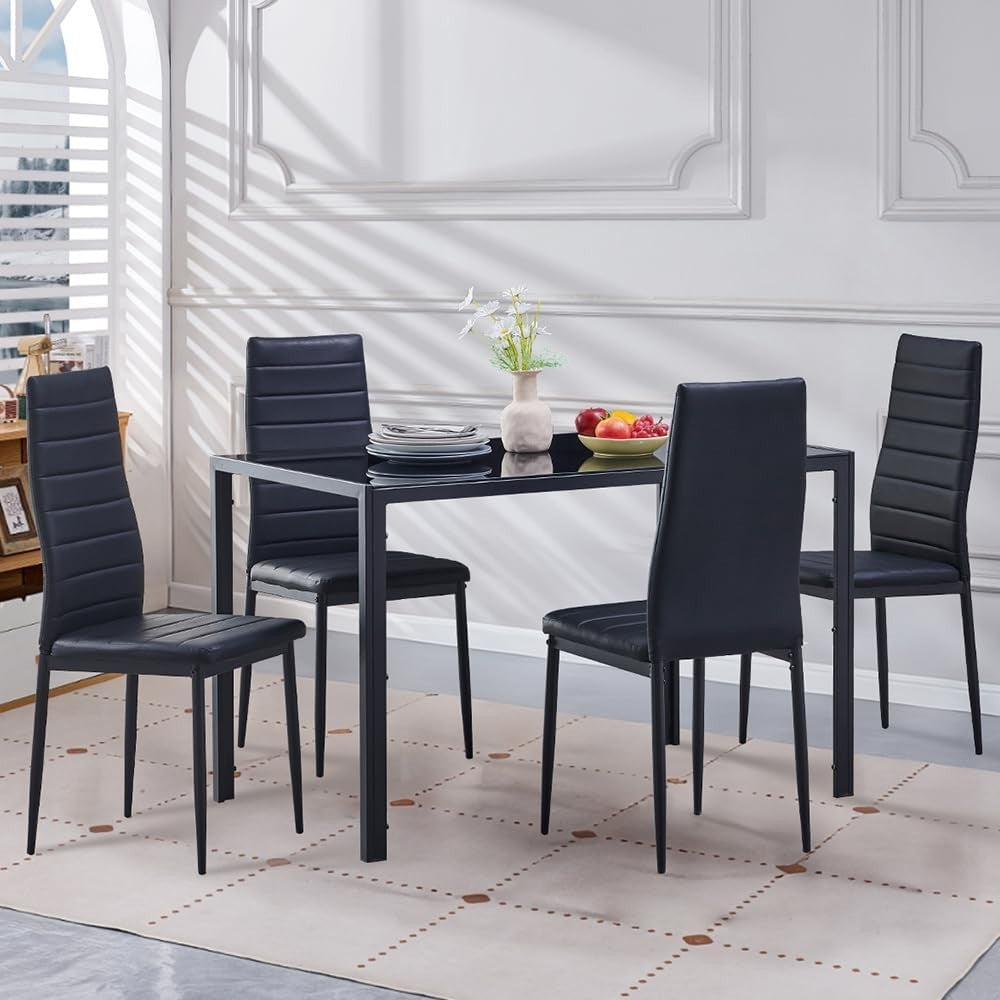 Black Glass Dining Table and 4 Faux Leather Chairs Set 120x70x75cm