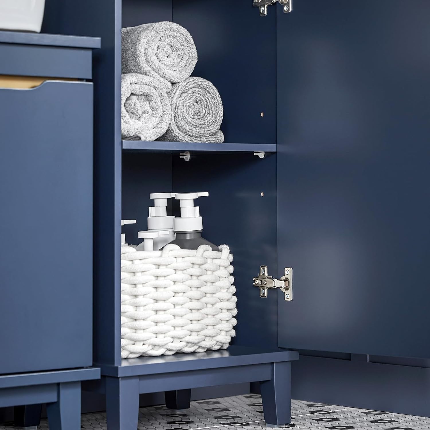 Slim Tall Bathroom Storage Cabinet with Drawer & 3 Shelves, Blue 35x30x170 cm