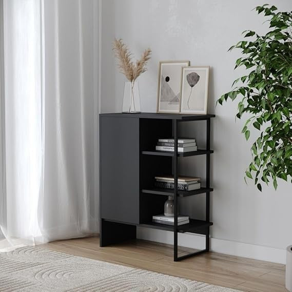 60cm Modern Wood & Steel Cabinet Shelf Unit – Storage Bookcase with Door