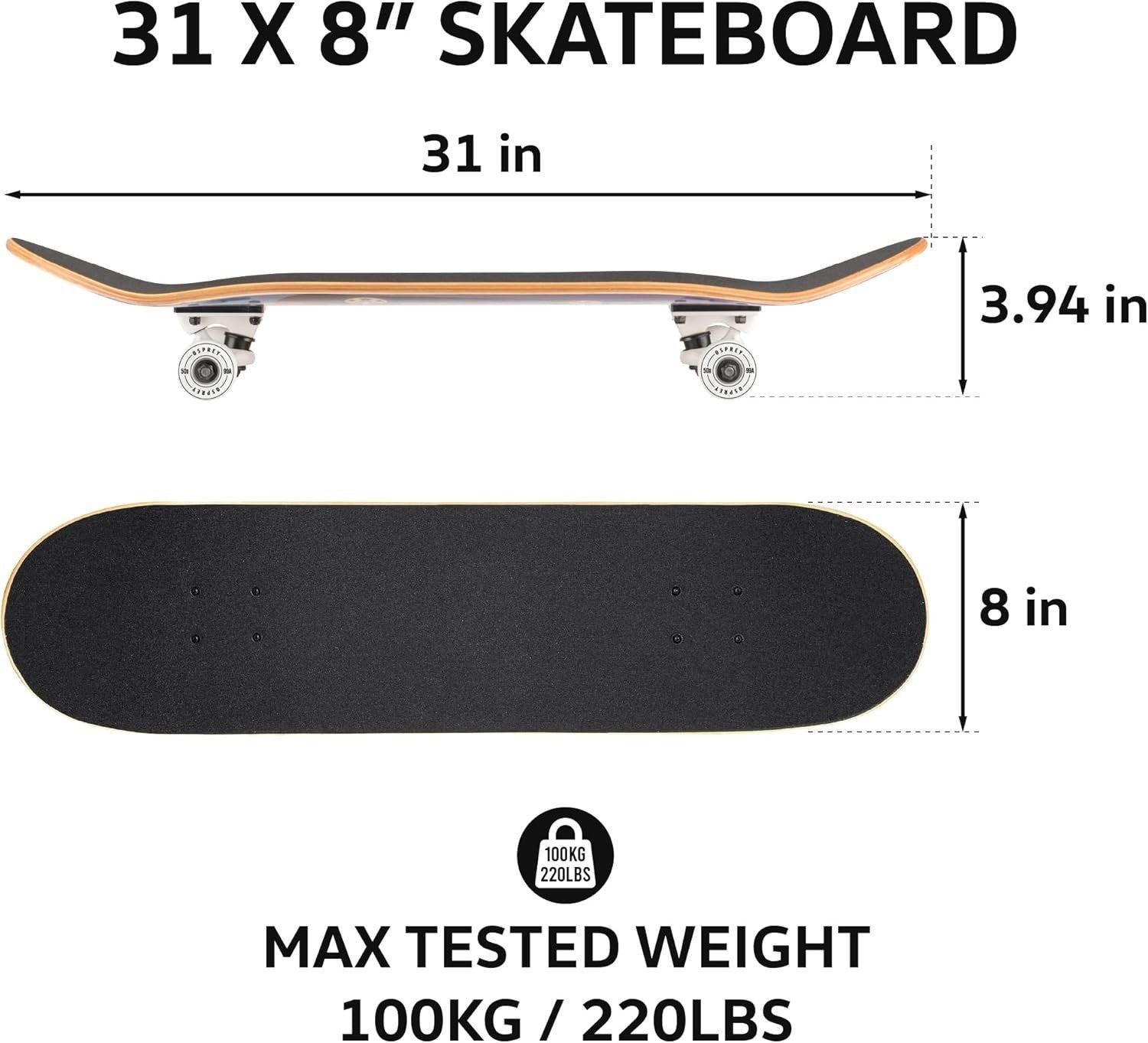 31" Double Kick Maple Skateboard Adult Beginner Pro Grip ABEC 7 PU Wheels