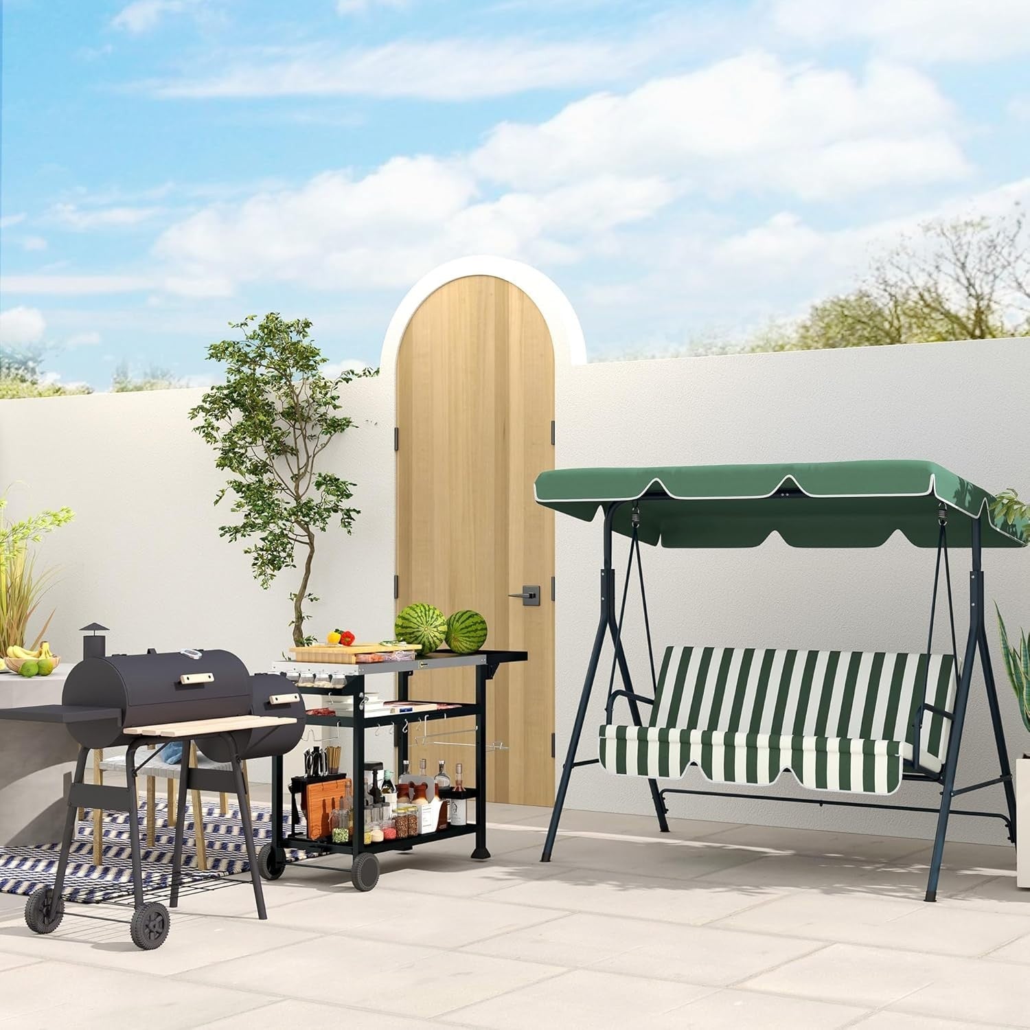 Charcoal BBQ Grill with Offset Smoker | Outdoor Barrel Barbecue with Shelves